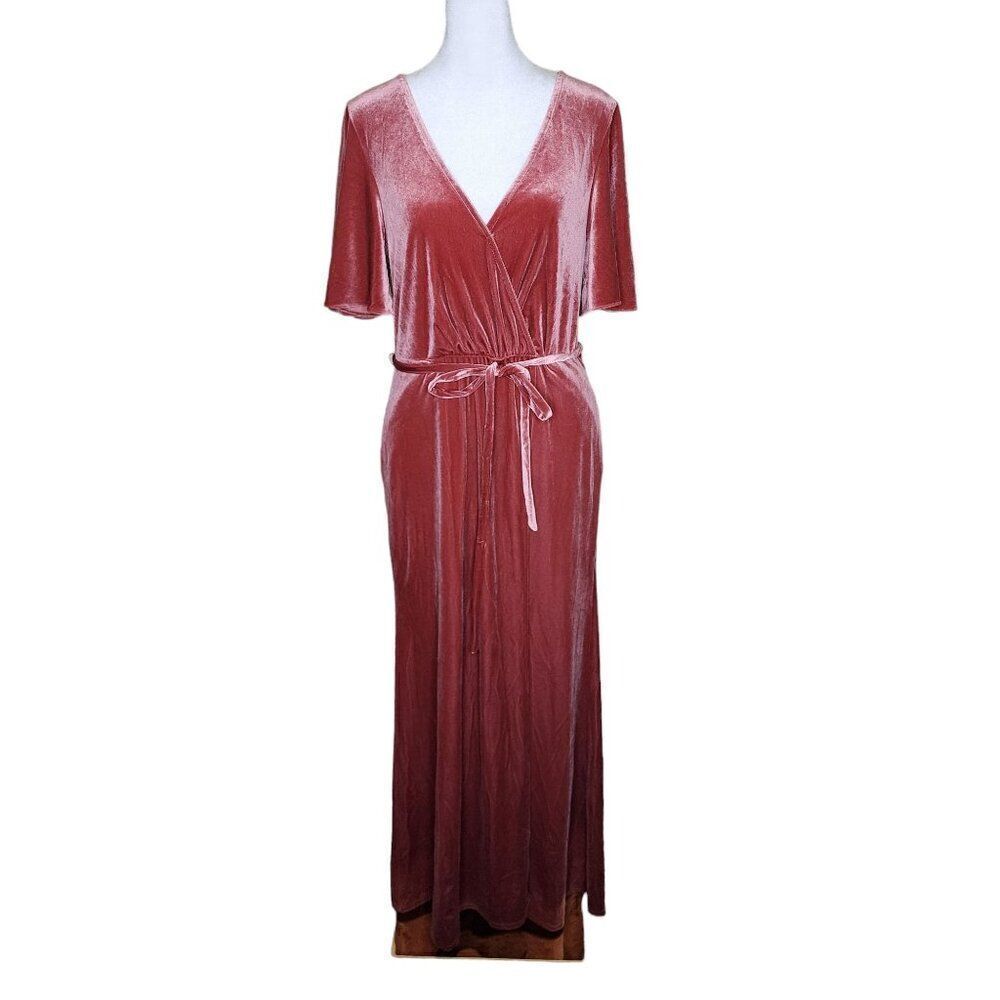 Retro 70s Style Flutter Sleeve Velvet Maxi Wrap Dress Womens Size 8 Mauve Pink